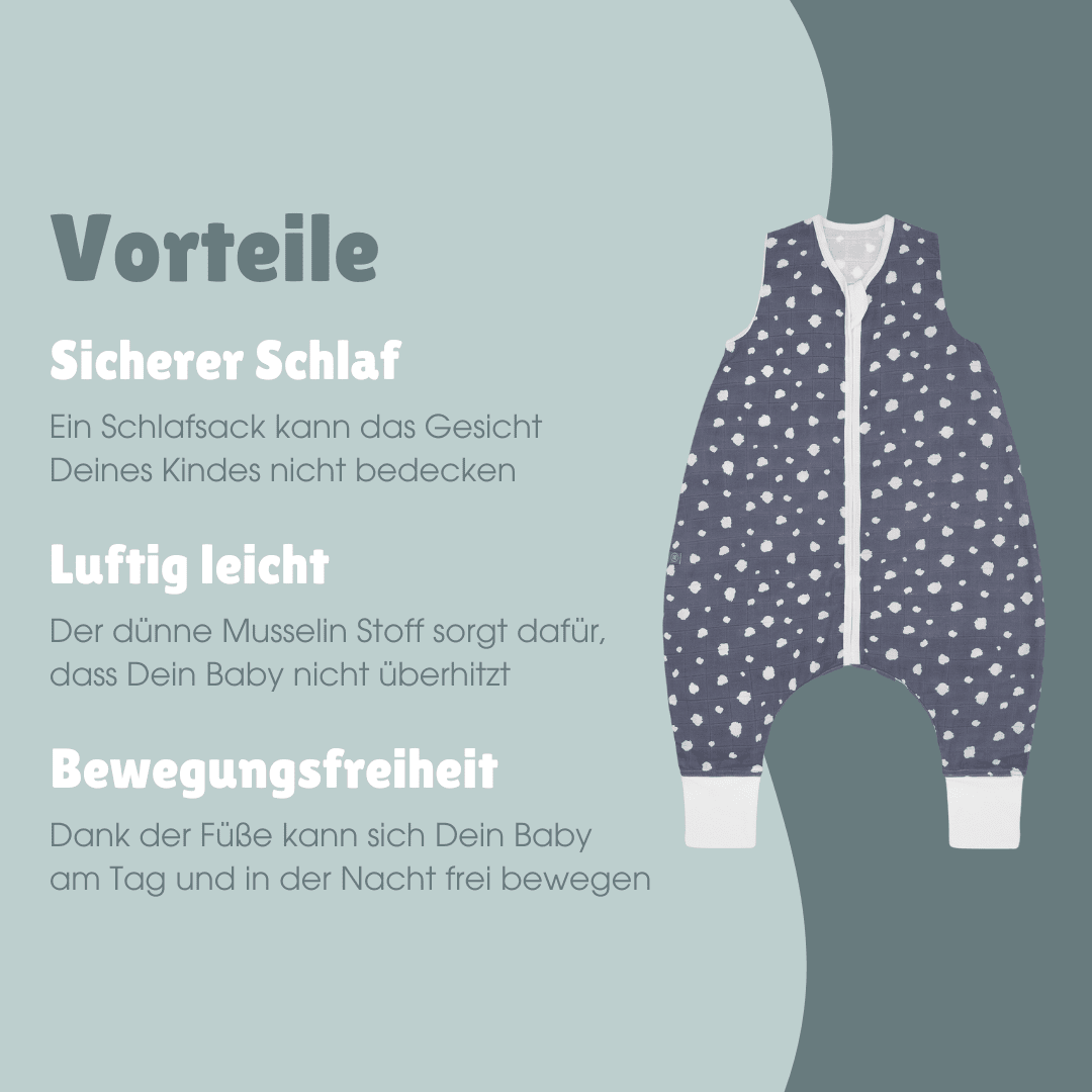 Musselin Schlafsack mit Füßen 0.5 TOG | Punkte Blau